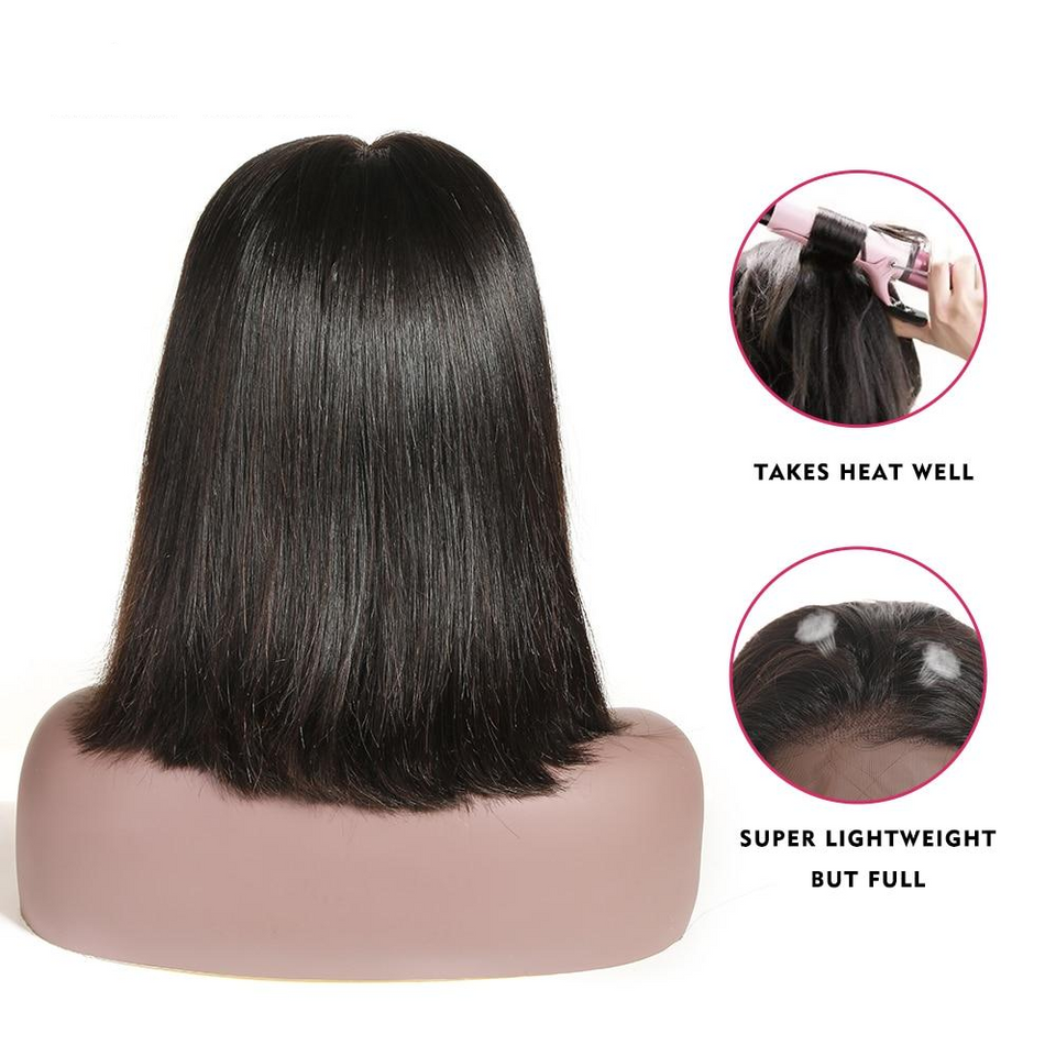 180% Density Short Lace Closure Human Hair Bob Wigs Brazilian Hair Wigs Pre Plucked with Baby Hair Natural Color Remy