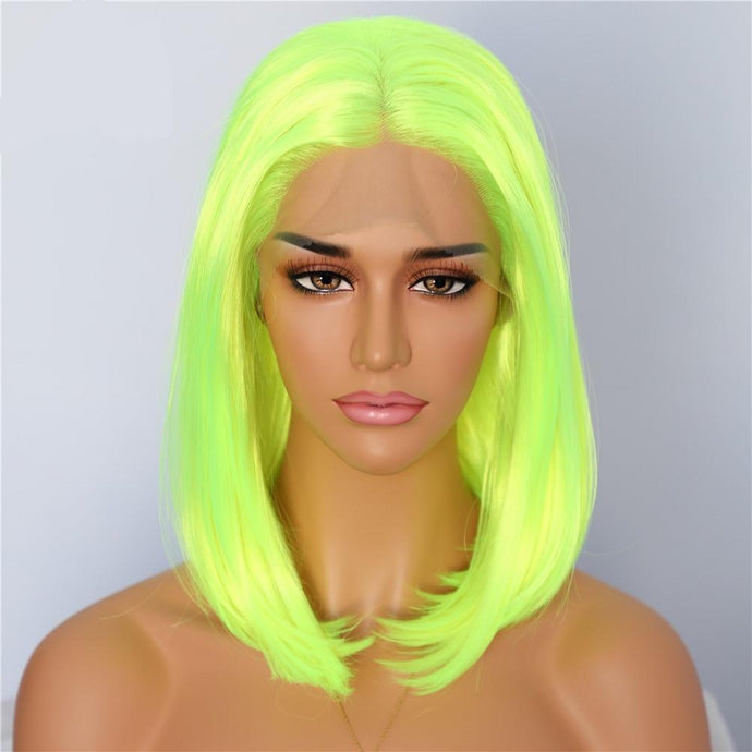 Short Neon Yellow Color Natural Bob Style Queen Makeup Women Wedding Halloween Party Present Synthetic Lace Front Wig