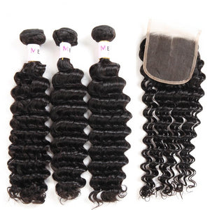 Peruvian Deep Wave Hair Bundles with Closure 3pcs 100% Remy Human Hair Bundles with Lace Closure