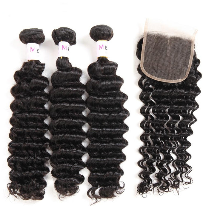 Peruvian Deep Wave Hair Bundles with Closure 3pcs 100% Remy Human Hair Bundles with Lace Closure