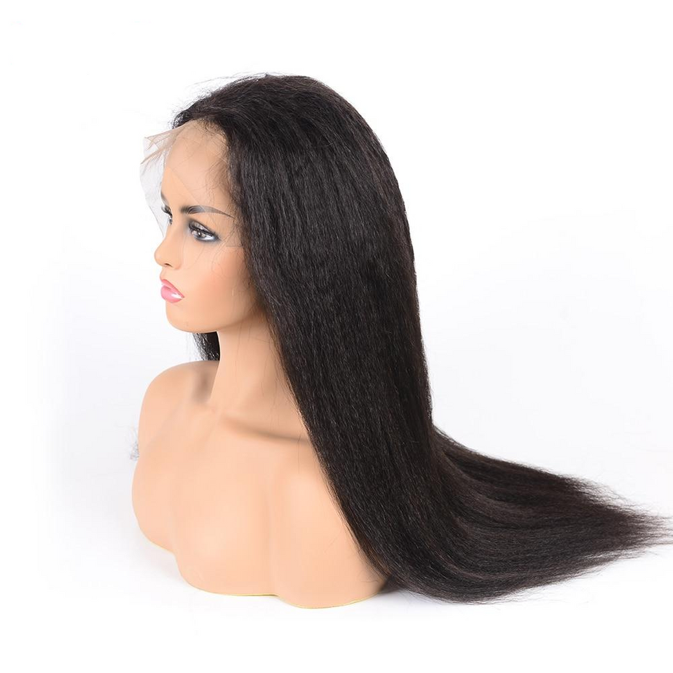 Kinky Straight Human Hair Lace Front Wigs with Baby Hair Yaki Natural Color Remy Hair Wig 210% Density 12-34 inch