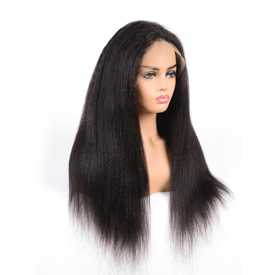 Kinky Straight Human Hair Lace Front Wigs with Baby Hair Yaki Natural Color Remy Hair Wig 210% Density 12-34 inch
