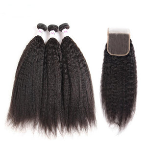 Yaki Human Hair Bundles with Closure 3pcs Brazilian Yaki Straight Hair with Lace Closure Remy