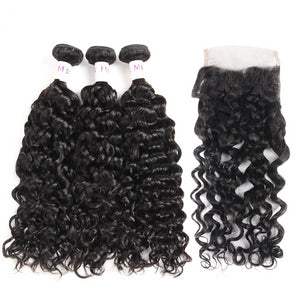 Water Wave Bundles with Lace Closure Indian 100% Remy Human Hair Bundles with Closure