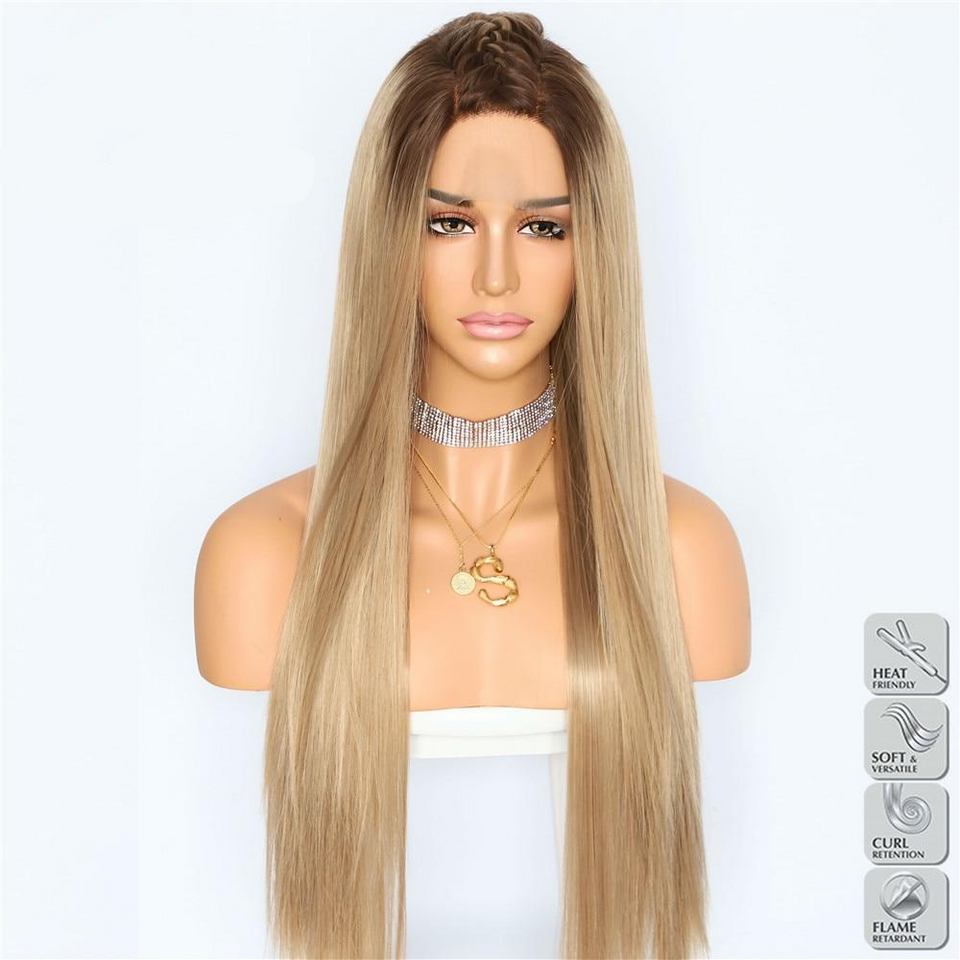 Ombre Brown Straight Heat Resistant Hair Women Wedding Party Halloween Present Synthetic Lace Front Daily Makeup Wigs