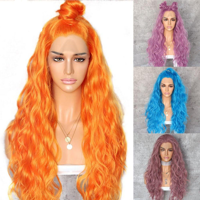 Orange Yellow Natural Curly Wave Heat Resistant Hair Women Makeup Wedding Party Gift Synthetic Lace Front Daily Wigs