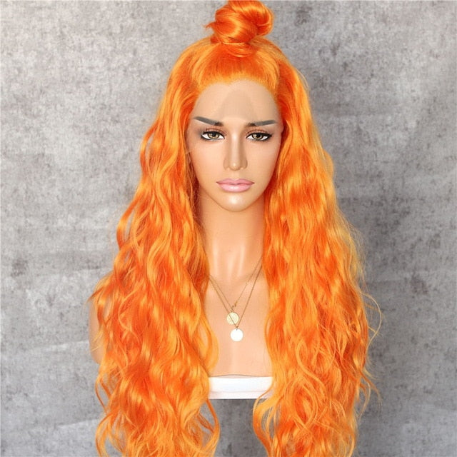 Orange Yellow Natural Curly Wave Heat Resistant Hair Women Makeup Wedding Party Gift Synthetic Lace Front Daily Wigs