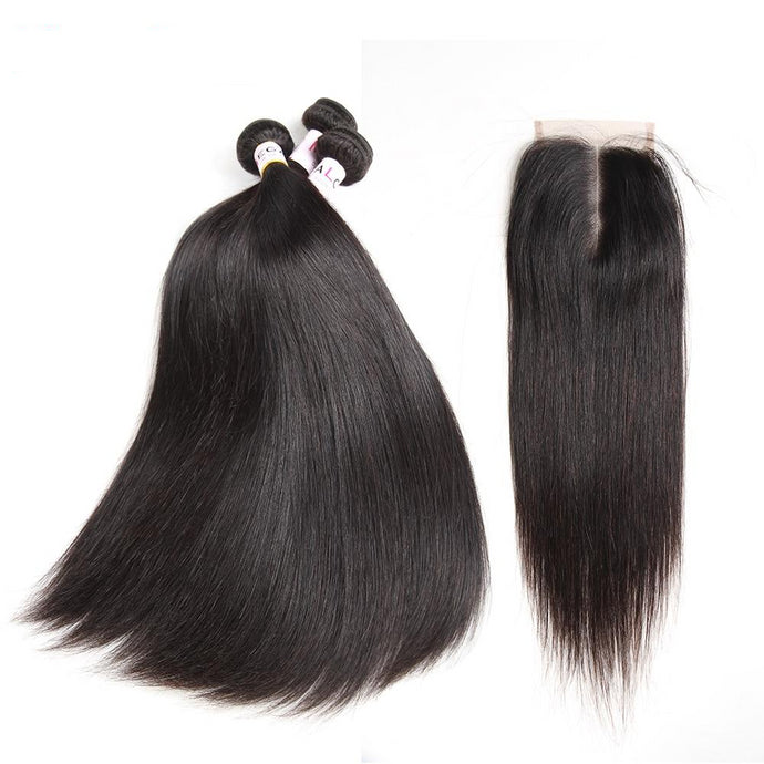 Malaysian Straight Hair Bundles with Lace Closure 100% Remy Human Hair Bundles with Closure