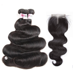 Peruvian Body Wave Human Hair Bundles with Closure 3pcs Natural Color Remy Hair with Closure