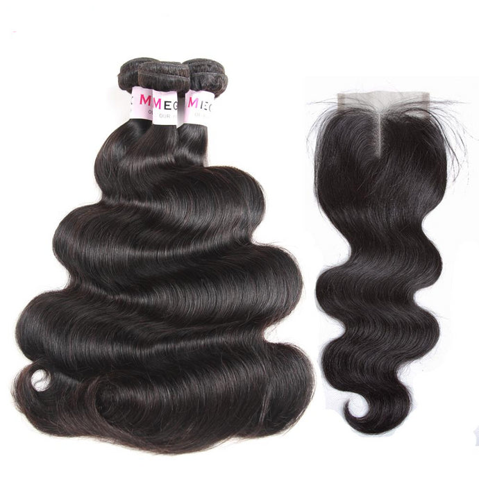 Peruvian Body Wave Human Hair Bundles with Closure 3pcs Natural Color Remy Hair with Closure