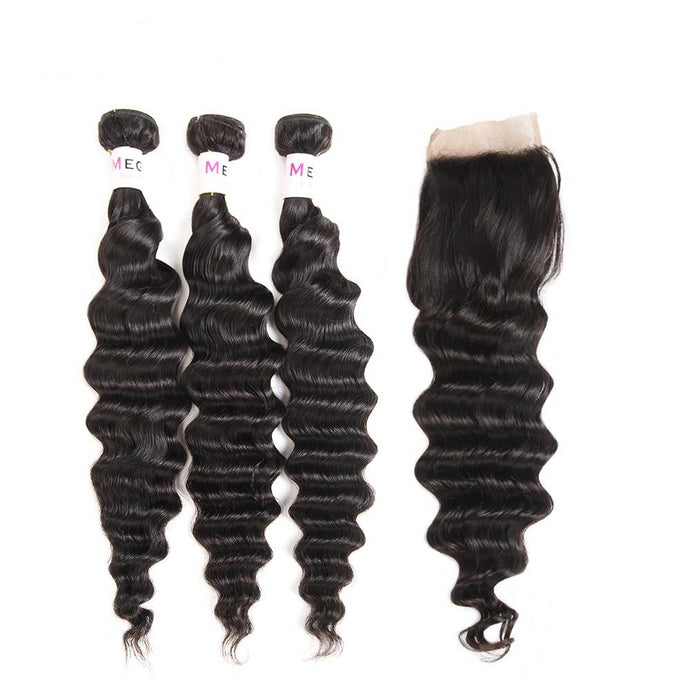 Malaysian Loose Deep Wave Bundles with Closure 3pcs 100% Human Hair with Lace Closure