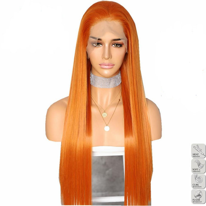 Orange Color 13 x 6 Big Lace Free Part Futura No-Tangle Heat Resistant Hair Daily Makeup Layer Synthetic Lace Front Wig